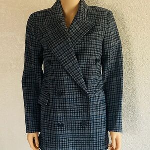 7 For All Mankind Blue Plaid Double-Breasted Blazer